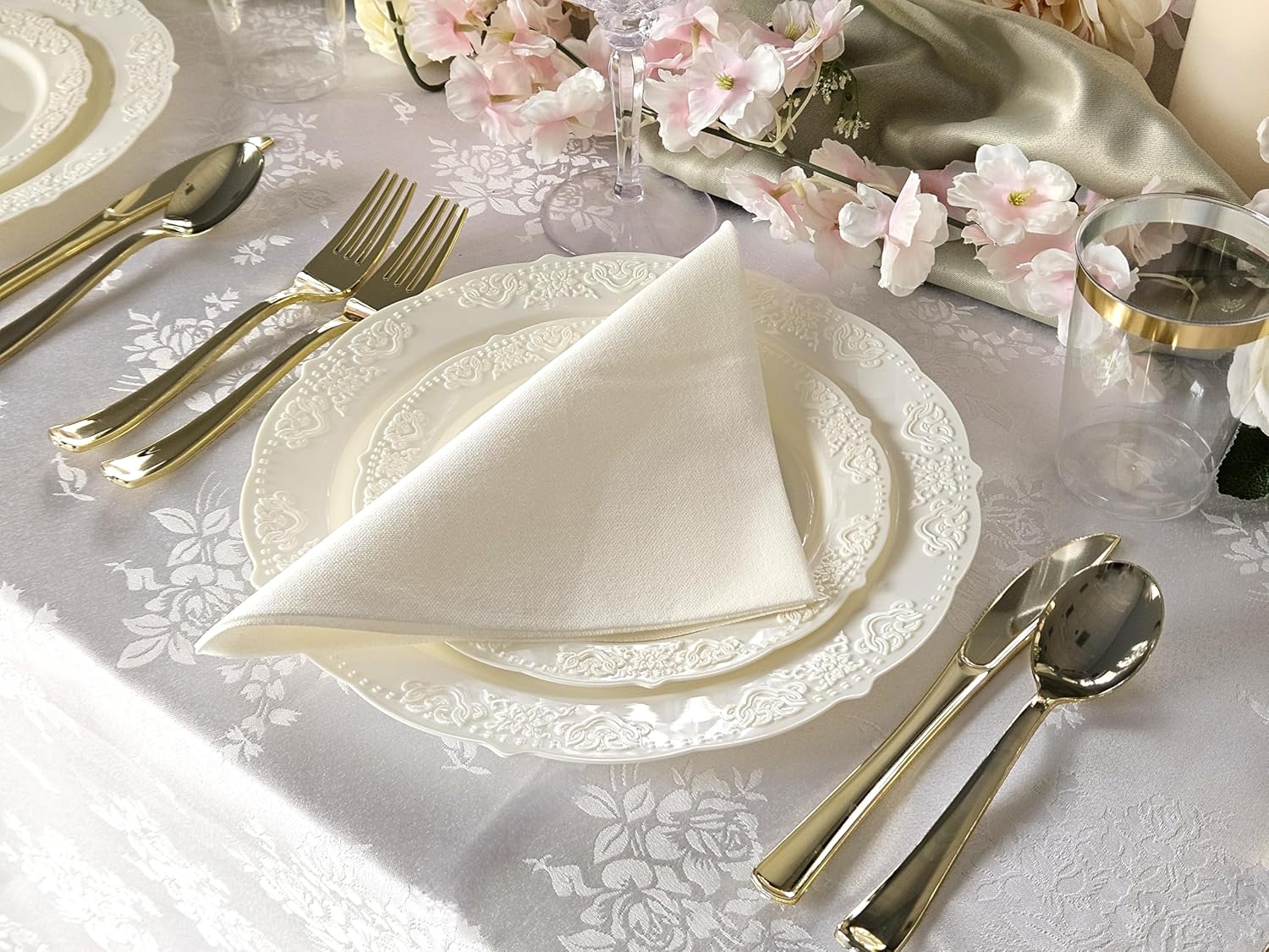 " OCCASIONS " 50 Plates Pack (25 Guests) Vintage Wedding Party Disposable Plastic Plate Set -25x10.25'' Dinner +25x7.5'' Salad/Dessert plates (Portofino Plain Ivory)