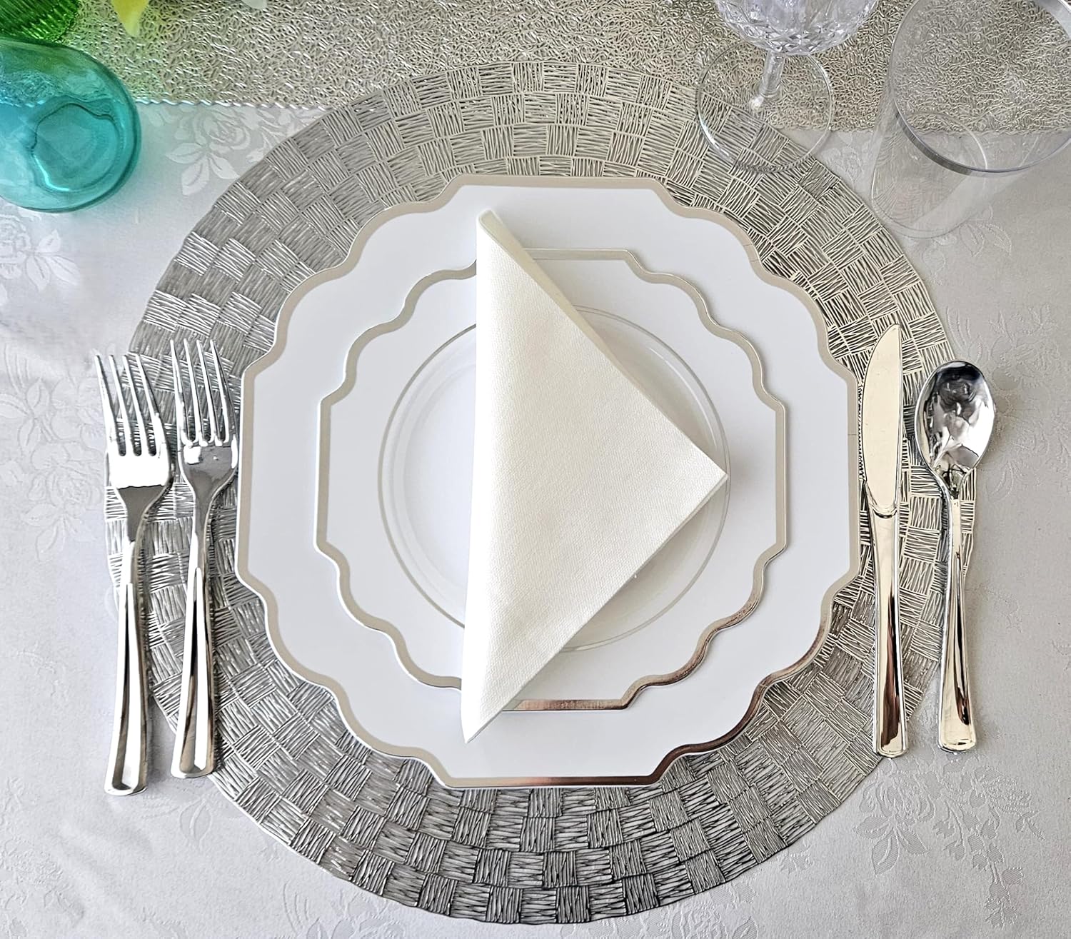 " OCCASIONS " 150 Piece set (25 Guests)-Wedding Plastic Plates & cutlery -Disposable heavyweight Dinnerware 10.5'', 8'' + Silverware w/double fork (Imperial in White & Silver Rim)