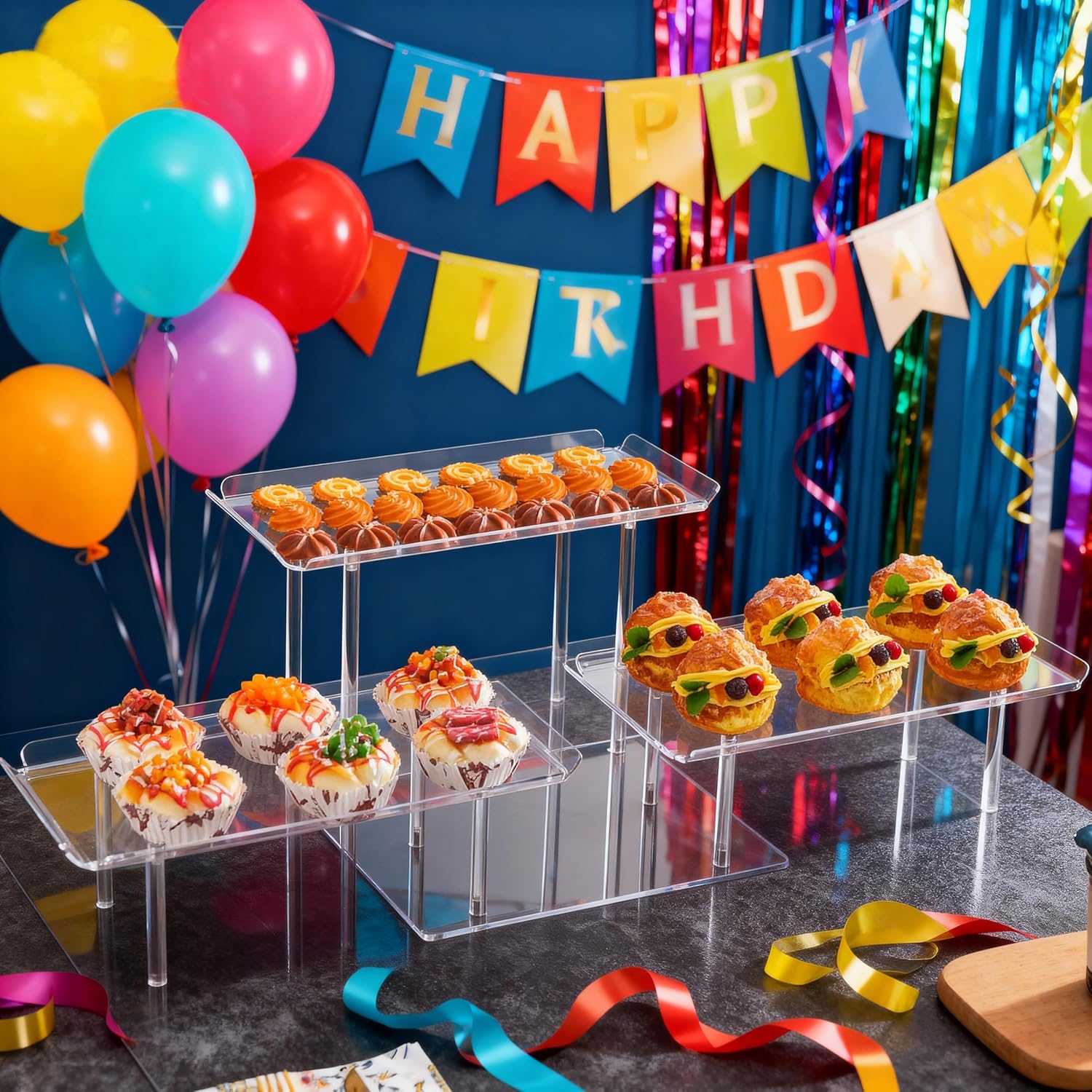 Acrylic Dessert Table Display Set, Clear Cupcake Stand, 3 Tiered Serving Trays and Platters, Buffet Riser and Stand Appetizer Sandwiches Cookie Display Stand Finger Food Display Trays for Party Bases Para Postres