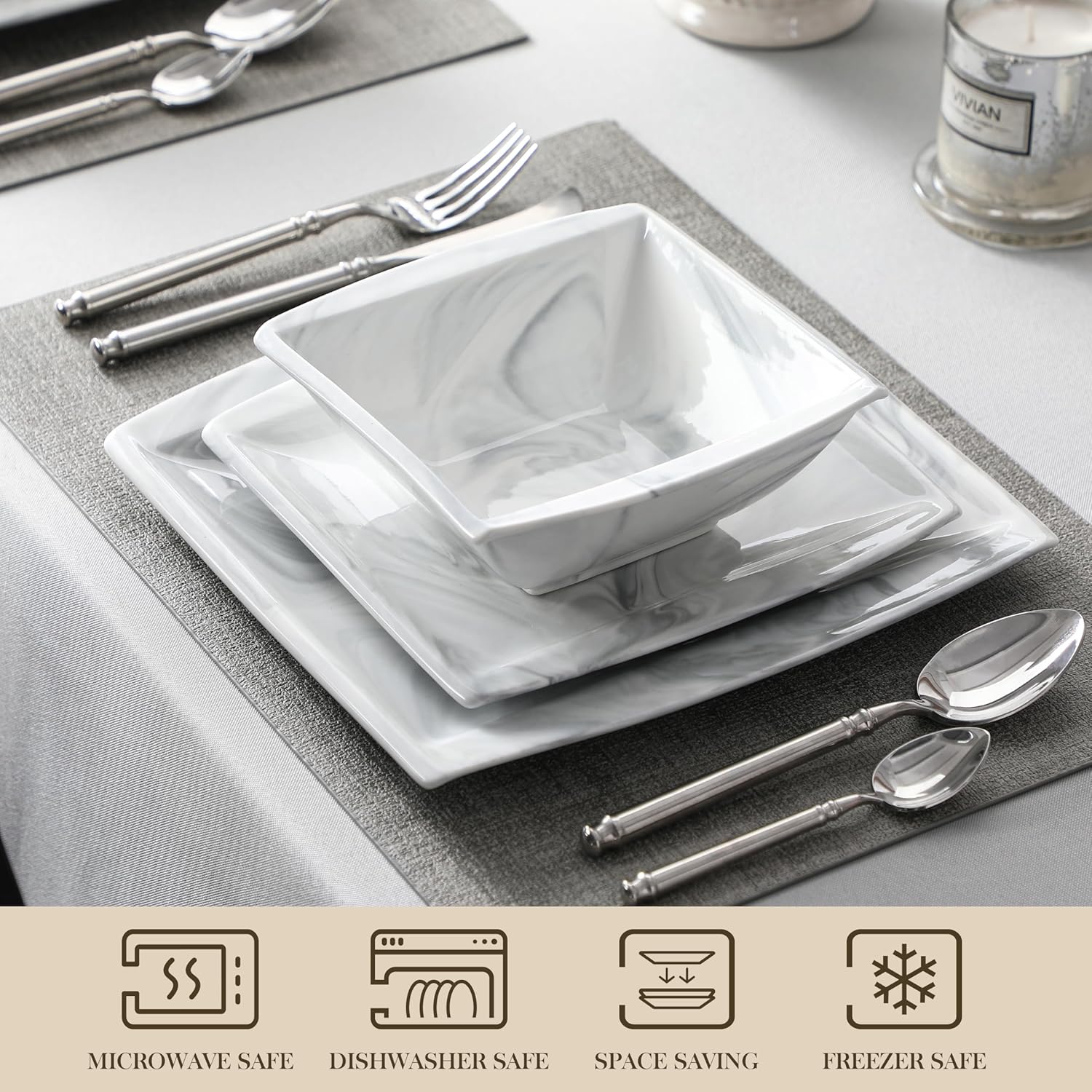 MALACASA Plates and Bowls Sets, 12-Piece Porcelain Dinnerware Sets for 4, Square Plates and Bowls for Dessert, Salad and Soup, Ceramic Dishes Dining Dishware Set, Marble Grey, Series Blance