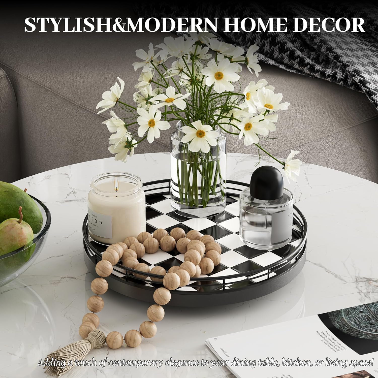 10.2-Inch Black & White Checkerboard Lazy Susan Organizer – Rotating Serving Tray with Oak Base, Iron Frame, & Ceramic Tile –Perfect for Dining Table, Kitchen Cabinet, Bathroom Countertop, Home Décor