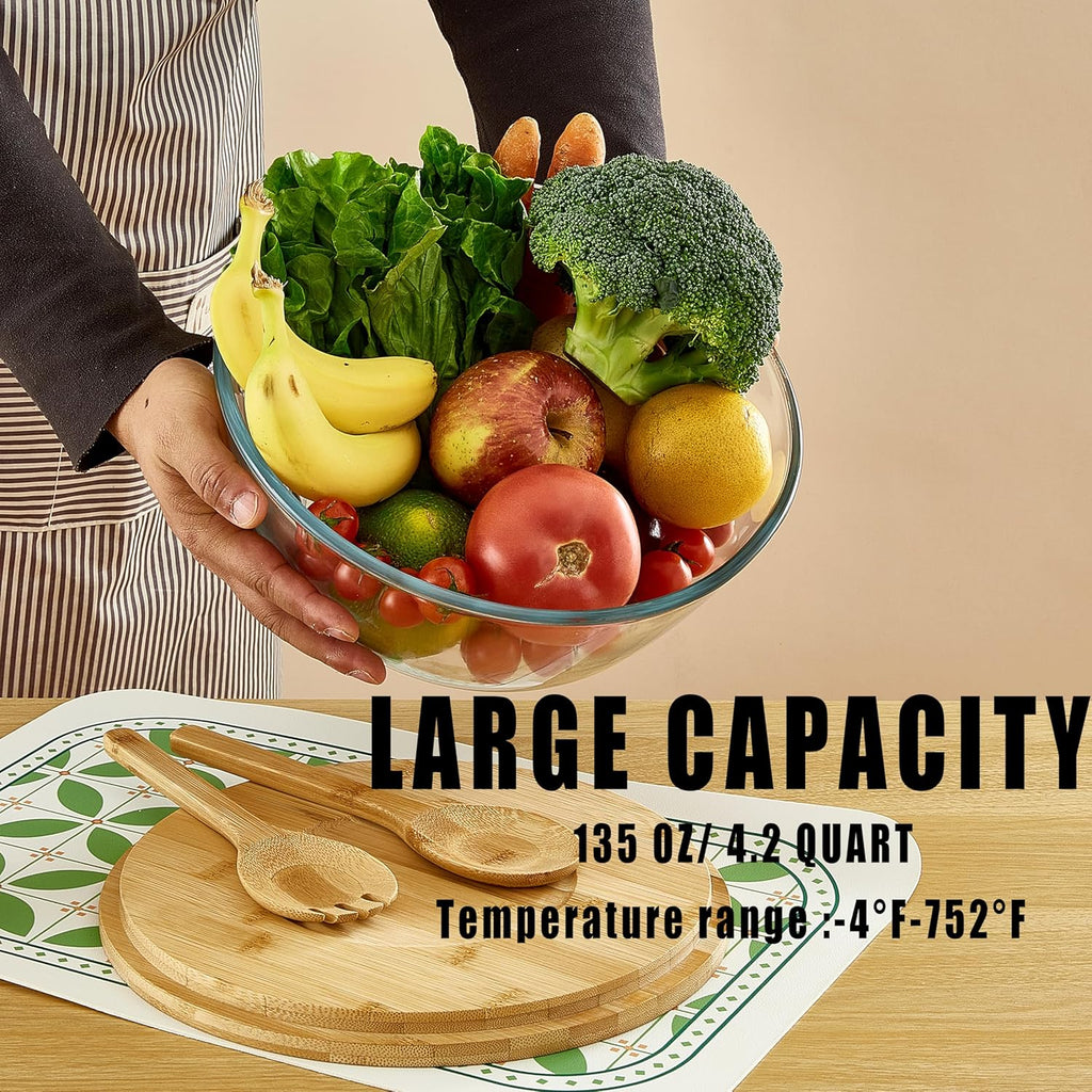 Glass Salad Bowl With Lid, 4.7 Quart Large Serving Bowl Thick Glass Fruit Bowls With Bamboo Utensils, 10.7Inch Trifle Bowl for Salad, Pasta, Dessert Display Cake, Microwave Safe