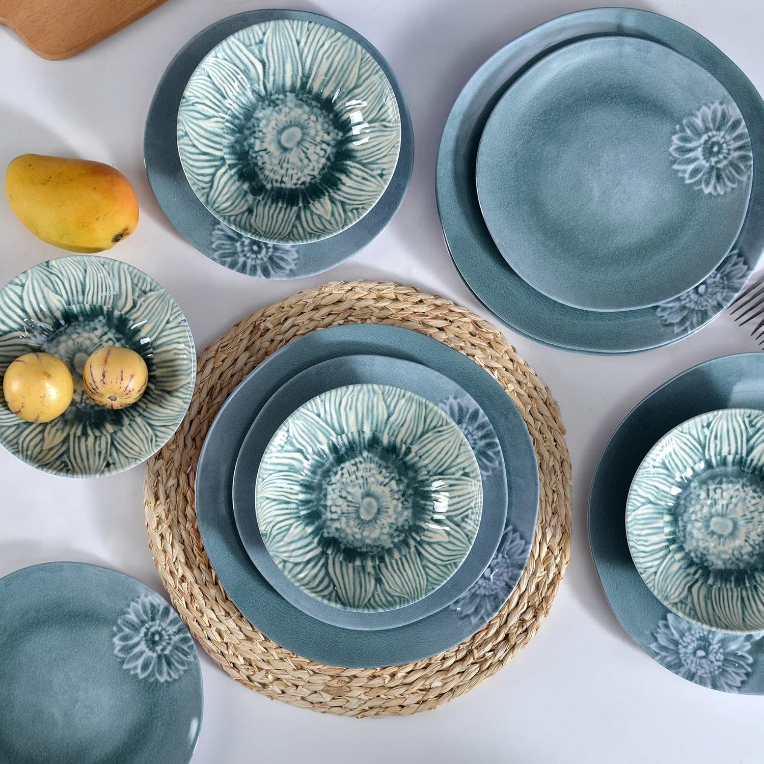 Melamine Dinnerware Sets of 12Pcs,Dishes Set for 4, Blue Dinnerware Sets, Suitable for Indoor and Outdoor Use,Unbreakable,Dishwasher Safe,BPA free