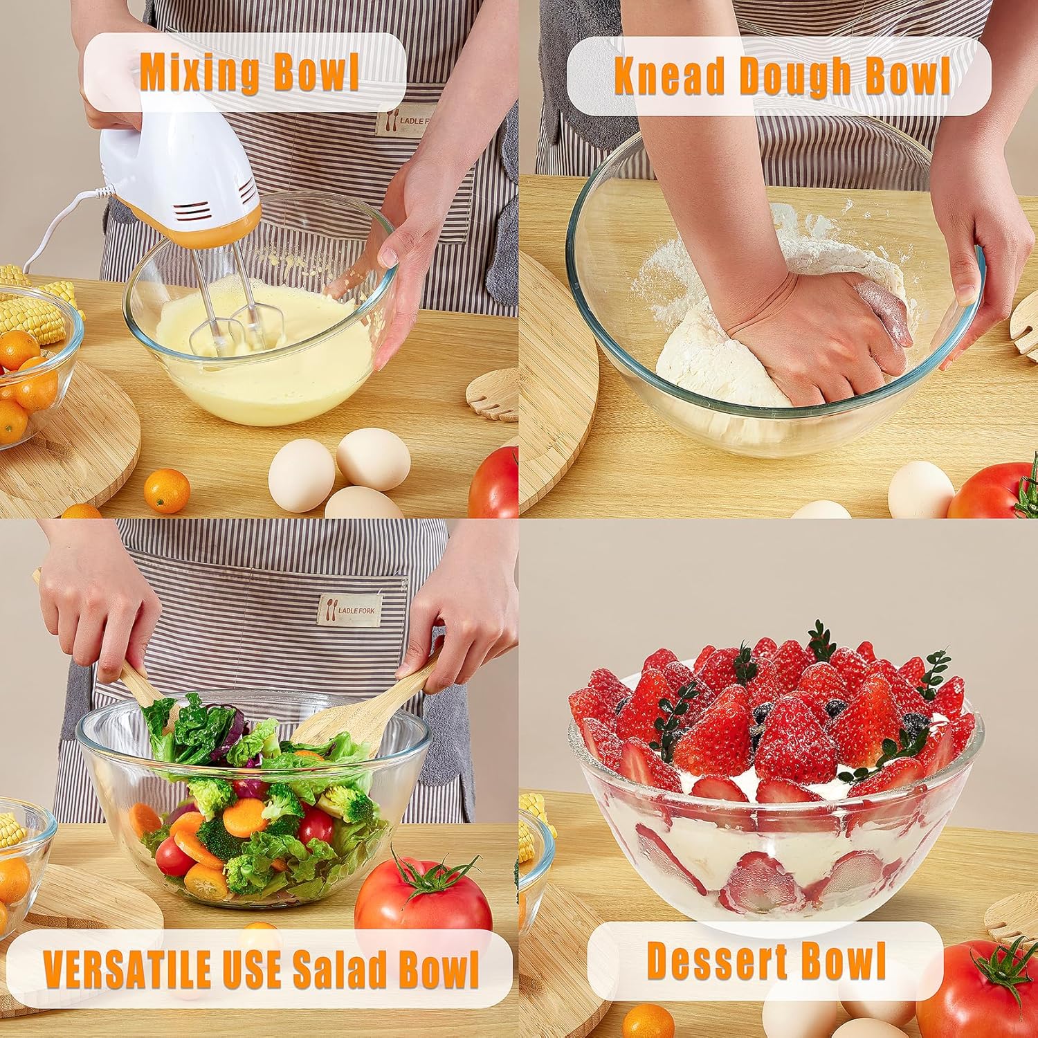 Glass Salad Bowl With Lid, 4.7 Quart Large Serving Bowl Thick Glass Fruit Bowls With Bamboo Utensils, 10.7Inch Trifle Bowl for Salad, Pasta, Dessert Display Cake, Microwave Safe