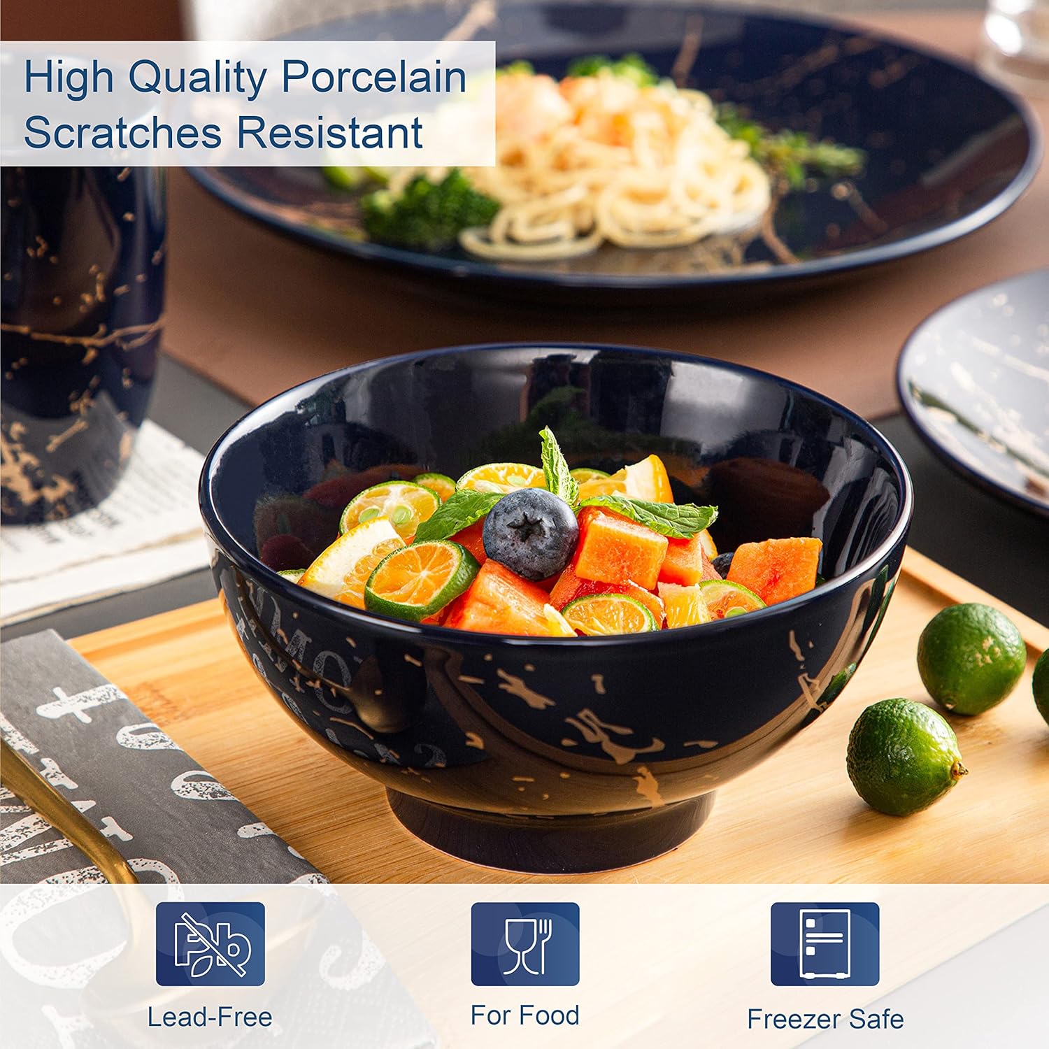 LOVECASA Porcelain Dinnerware Sets for 4, 16 PCS Plates and Bowls Set, Color Glaze with Gold Plate Dish Set, Dinner Sets with Dinner Plates, Dessert Plate, Bowls and Mugs, Dark Blue