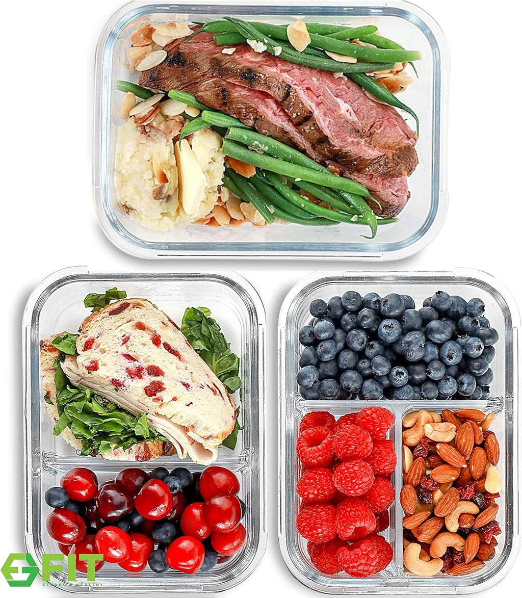 FIT Strong & Healthy Glass Meal Prep Containers with Lids, 1 & 2 & 3 C ...