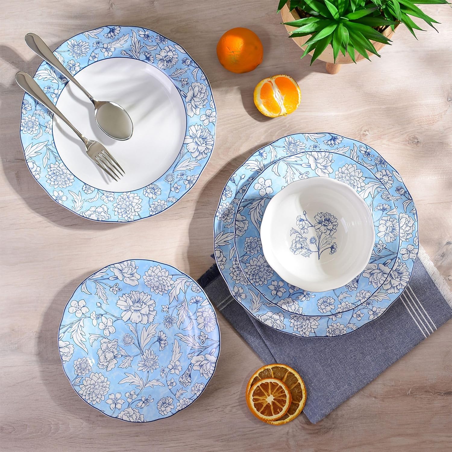 222 Fifth 12-Piece Porcelain Dinnerware Set for 4, White & Light Blue Plates and Bowls Set, Glossy Ceramic Dish Set with Ornate Floral Design, Kitchen Tableware, Microwave & Dishwasher Safe, Cleremont