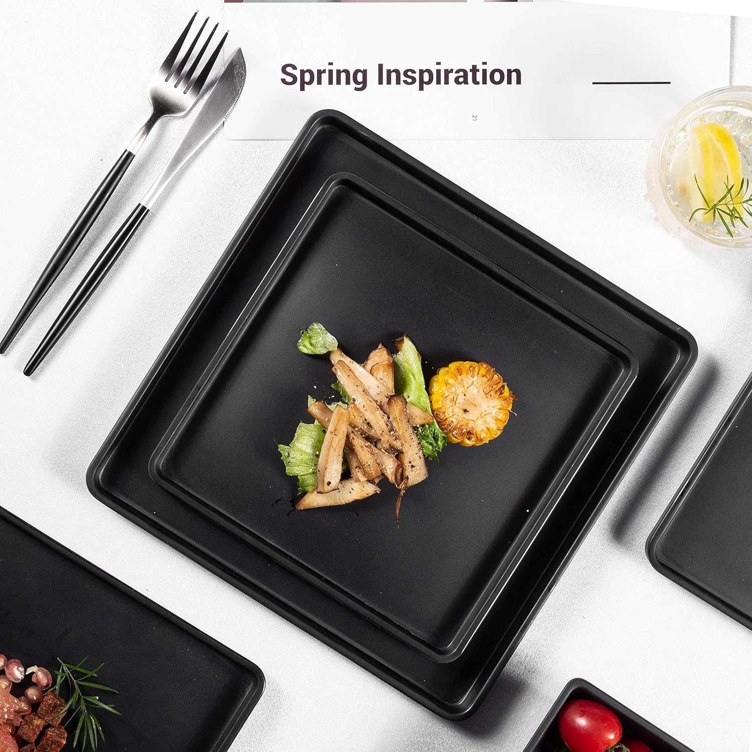 Melamine Dinnerware Sets - 12pcs Square Plates and Bowls Set, Dishes Set, Black