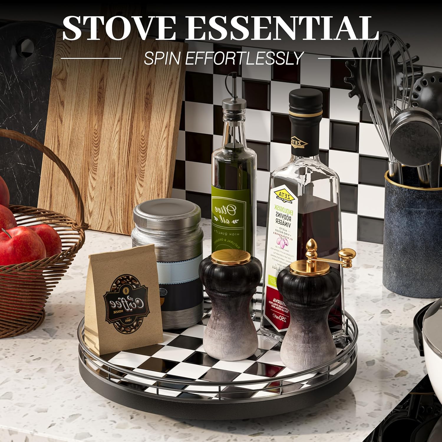 10.2-Inch Black & White Checkerboard Lazy Susan Organizer – Rotating Serving Tray with Oak Base, Iron Frame, & Ceramic Tile –Perfect for Dining Table, Kitchen Cabinet, Bathroom Countertop, Home Décor