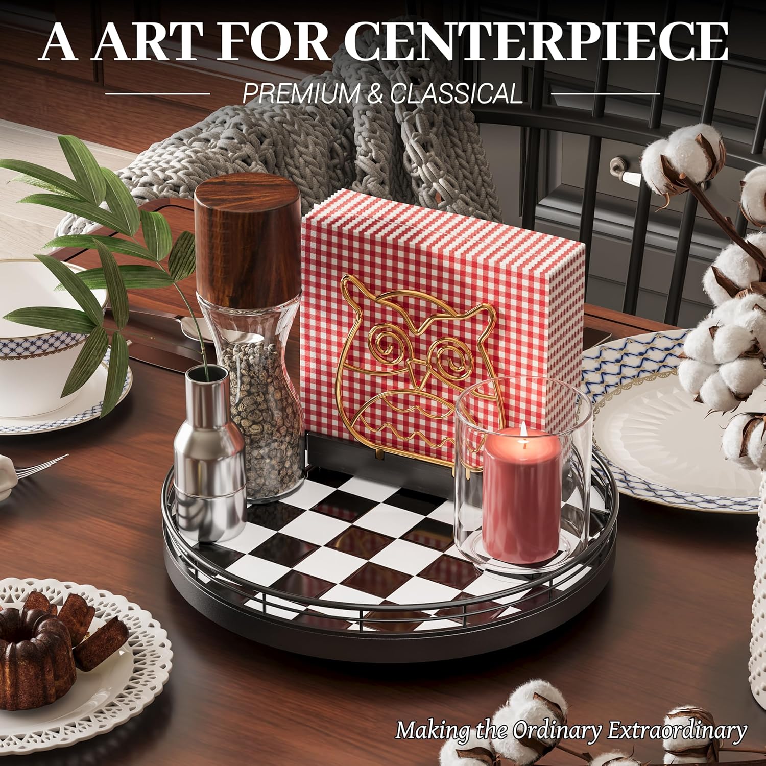 10.2-Inch Black & White Checkerboard Lazy Susan Organizer – Rotating Serving Tray with Oak Base, Iron Frame, & Ceramic Tile –Perfect for Dining Table, Kitchen Cabinet, Bathroom Countertop, Home Décor