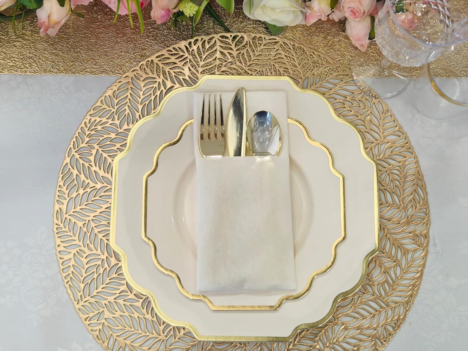 " OCCASIONS " 120 Plates Pack,(60 Guests) Heavyweight Wedding Party Disposable Plastic Plates Set -60 x 10.5'' Dinner + 60 x 8'' Salad/Dessert Plate (Imperial Ivory & Gold)