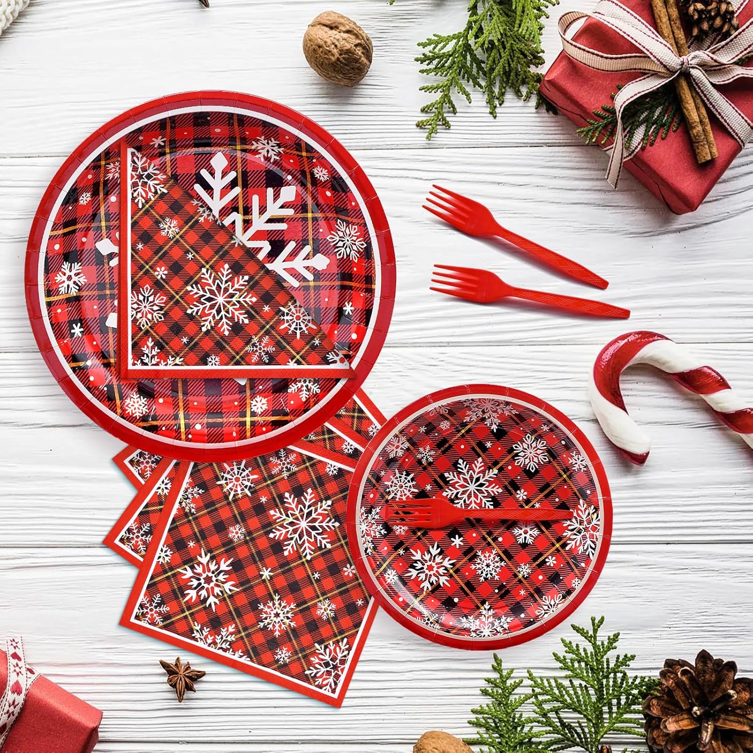 96 Pieces Christmas Snowflake Plaid Tableware Set – Red Buffalo Check Disposable Plates, Napkins, and Forks for Holiday Dinners, Winter Parties, Festive Celebrations – Serves 24 Guests