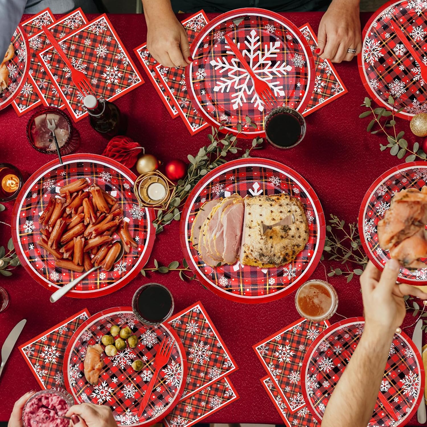 96 Pieces Christmas Snowflake Plaid Tableware Set – Red Buffalo Check Disposable Plates, Napkins, and Forks for Holiday Dinners, Winter Parties, Festive Celebrations – Serves 24 Guests