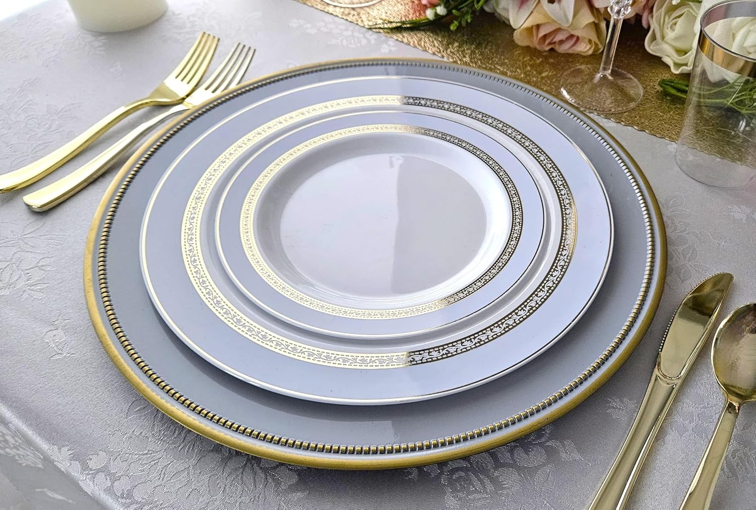 " OCCASIONS " 50 Plates Pack (25 Guests)-Heavyweight Wedding Party Disposable Plastic Plate Set -25 x 10.5'' Dinner + 25 x 7.5'' Salad/dessert plates (Ritz Blue and Gold)