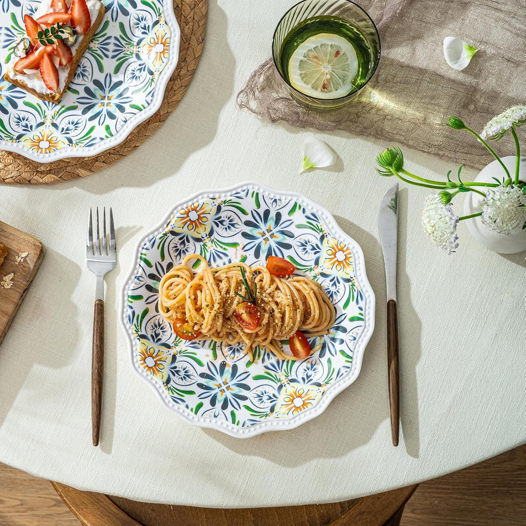 UNK U 8.5-Inch Floral Melamine Plates Set of 6, Rustic Dinner Plates with Flower Shape, Dishwasher Safe Decorative Plates for Garden Party, Family Meals, Birthdays Party & Everyday Use