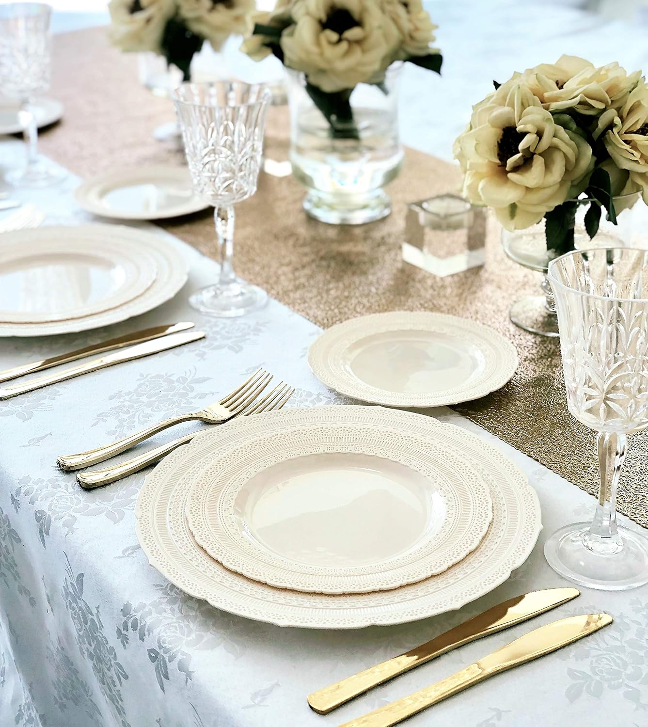 " OCCASIONS " 150pcs set (25 Guests)-Extra Heavyweight Vintage Wedding Disposable/Reusable Plastic Plates (25 x 11'' + 25 x 8.25'') + Silverware (Chateau Collection in Ivory)