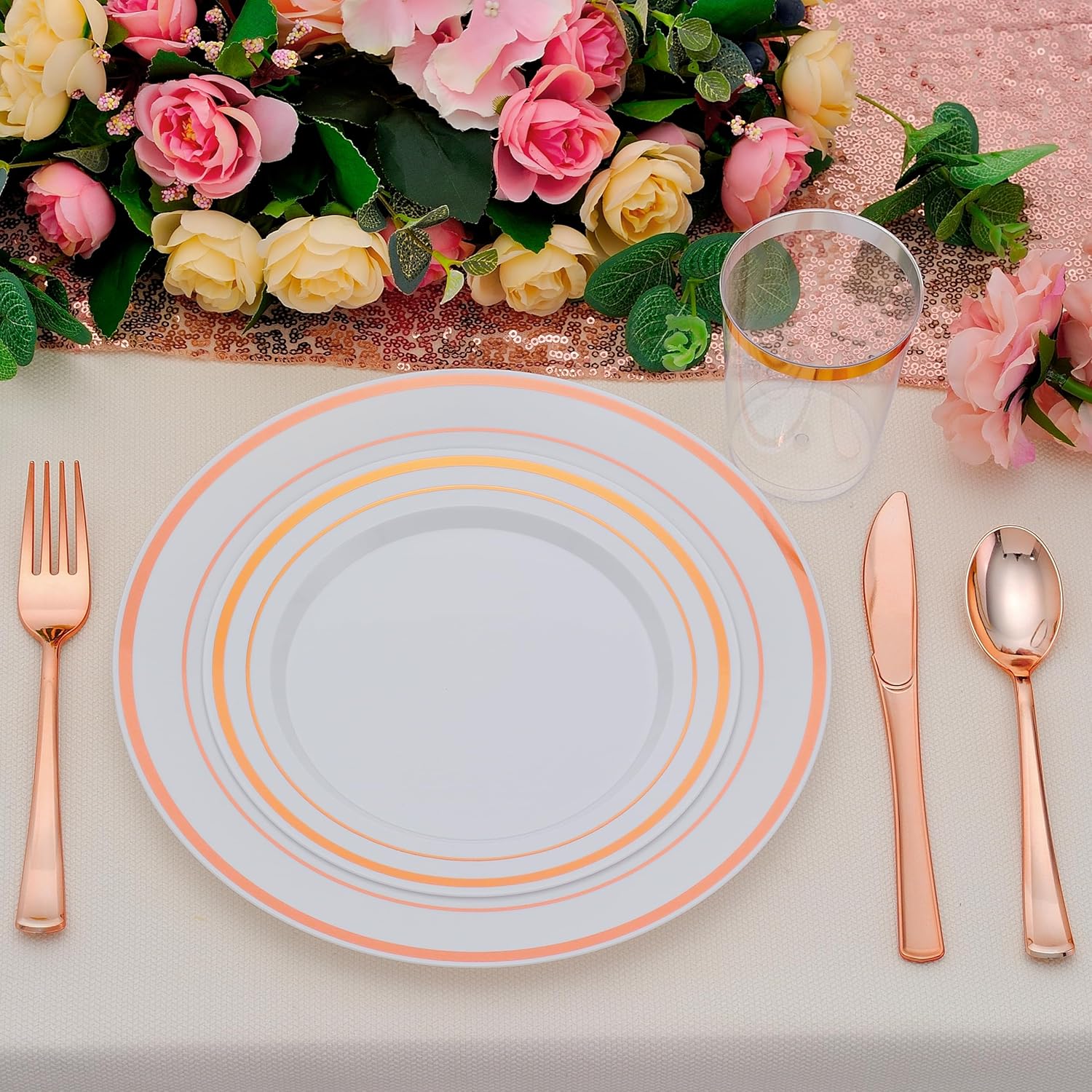 700 PCS Rose Gold Plastic Plates for 100 Guests, Rose Gold Disposable Dinnerware Sets Include 100 Dinner&Salad Plates, 100 Silverware Set, 100 Napkins, 100 Cups