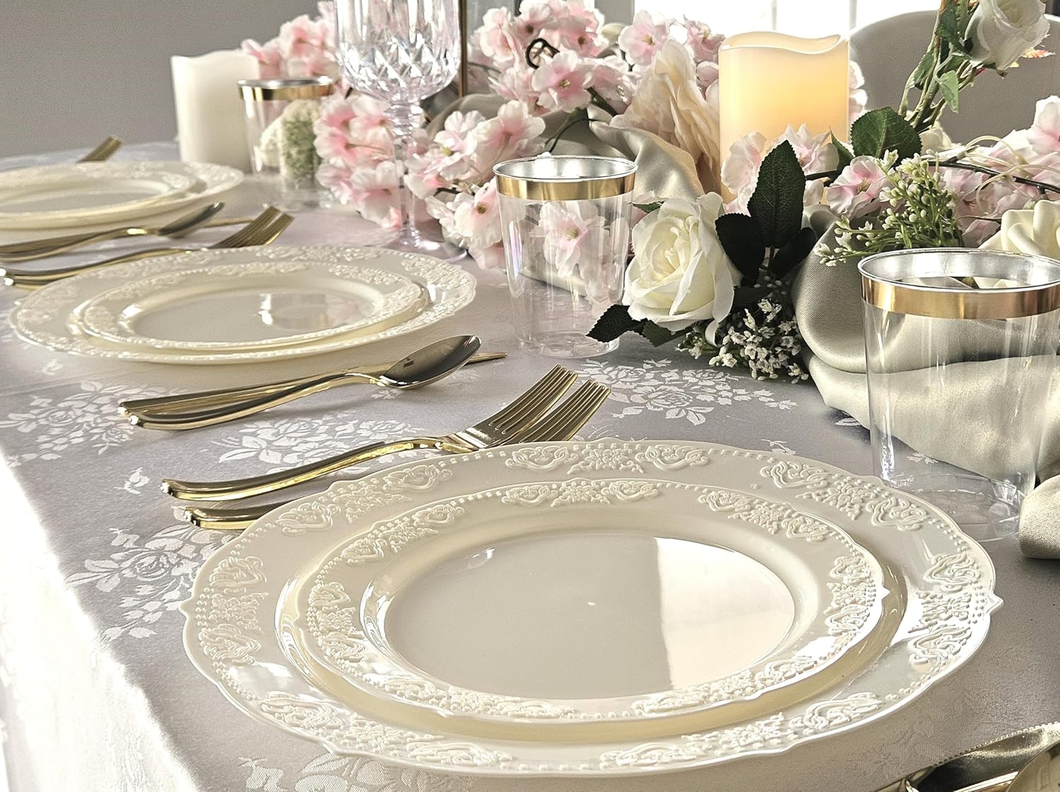 " OCCASIONS " 50 Plates Pack (25 Guests) Vintage Wedding Party Disposable Plastic Plate Set -25x10.25'' Dinner +25x7.5'' Salad/Dessert plates (Portofino Plain Ivory)