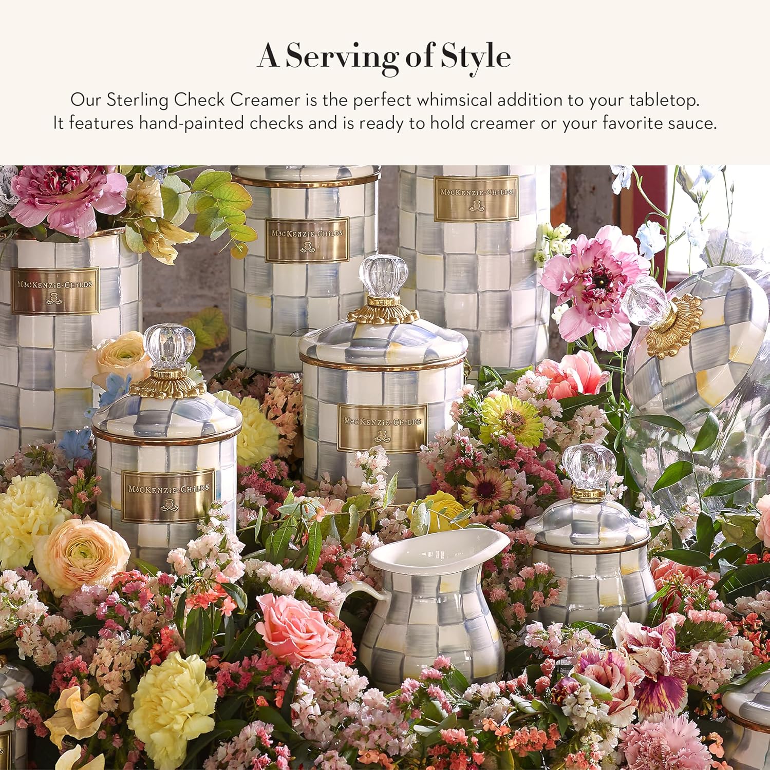 MACKENZIE-CHILDS Enamel Creamer, Creamer Dispenser with Pour Spout, Kitchen Enamelware, 14-Ounce Capacity, Gray-and-White Sterling Check