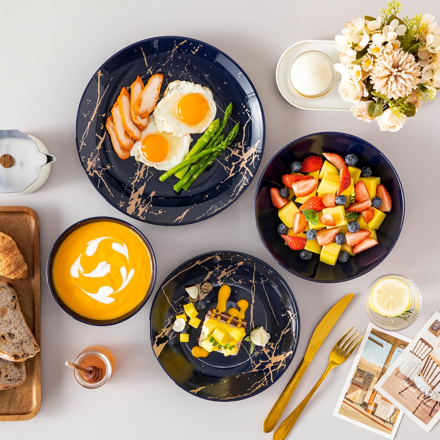 LOVECASA Plates and Bowls Sets for 6, 24 Pieces Porcelain Dinnerware Sets, Dark Blue and Gold Dish Set Gold Splash Dishware Sets, Dishwasher Microwave Safe