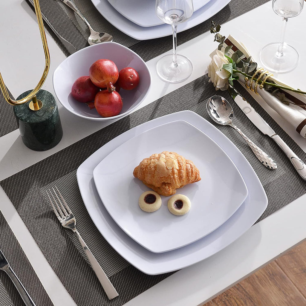 Melamine Dinnerware Sets, Square Dinnerware Sets, White Color Plates and Bowls Sets for 4, Unbreakable Dishwasher Safe BPA Free