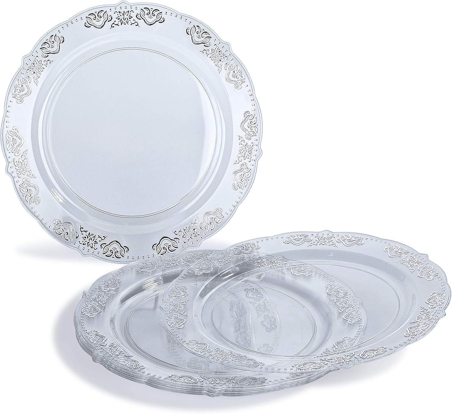 " OCCASIONS " 240 Plates Pack,(120 Guests) Vintage Wedding Party Disposable Plastic Plates Set-120x10.25'' Dinner +120x7.5'' Salad/Dessert Plate (Portofino Clear & Silver)