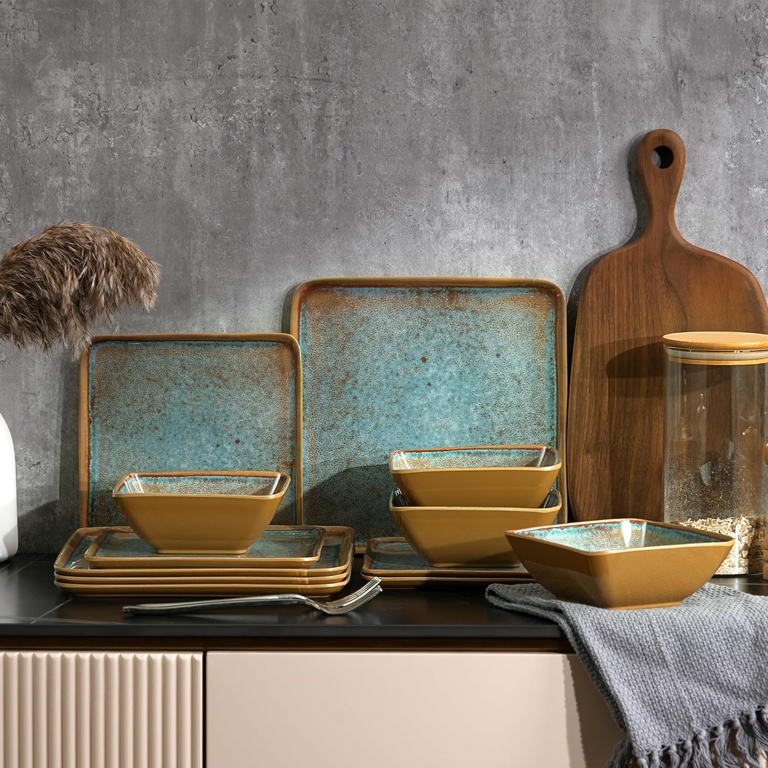 Square Melamine Dinnerware Sets of 12 Pcs,Square Plates and Bowls Sets,Unbreakable Dish Set for 4,Lightweight, Dishwasher Safe and BPA Free,Suit for RV,Camping