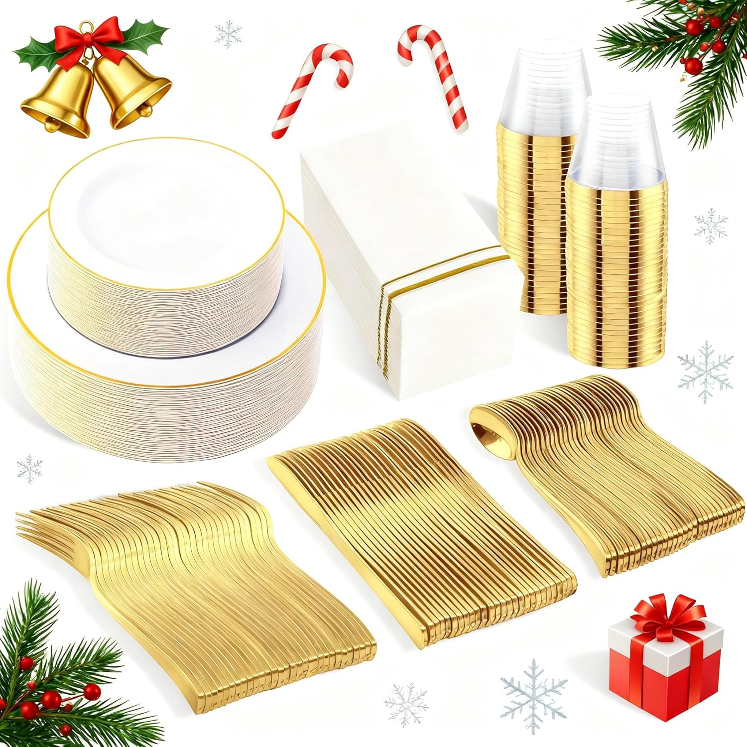 SUT 350 PCS Elegant White and Gold Disposable Dinnerware Set - Premium Dinner & Salad Plates, Cups, Napkins & Cutlery for 50 Guests - All-Inclusive Party Plastic Plates