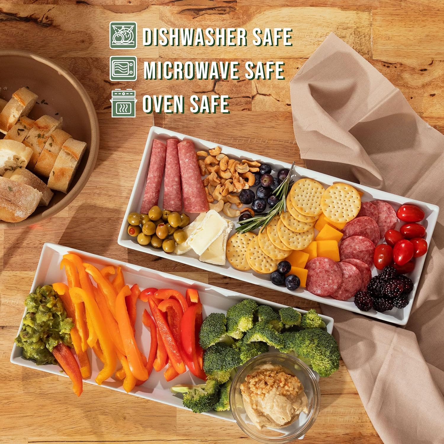 Rectangular Plastic Serving Plates, 13 x 4.6 Inch, Set of 4 for Party, Entertainment, Appetizers, Sushi, Desserts (White)