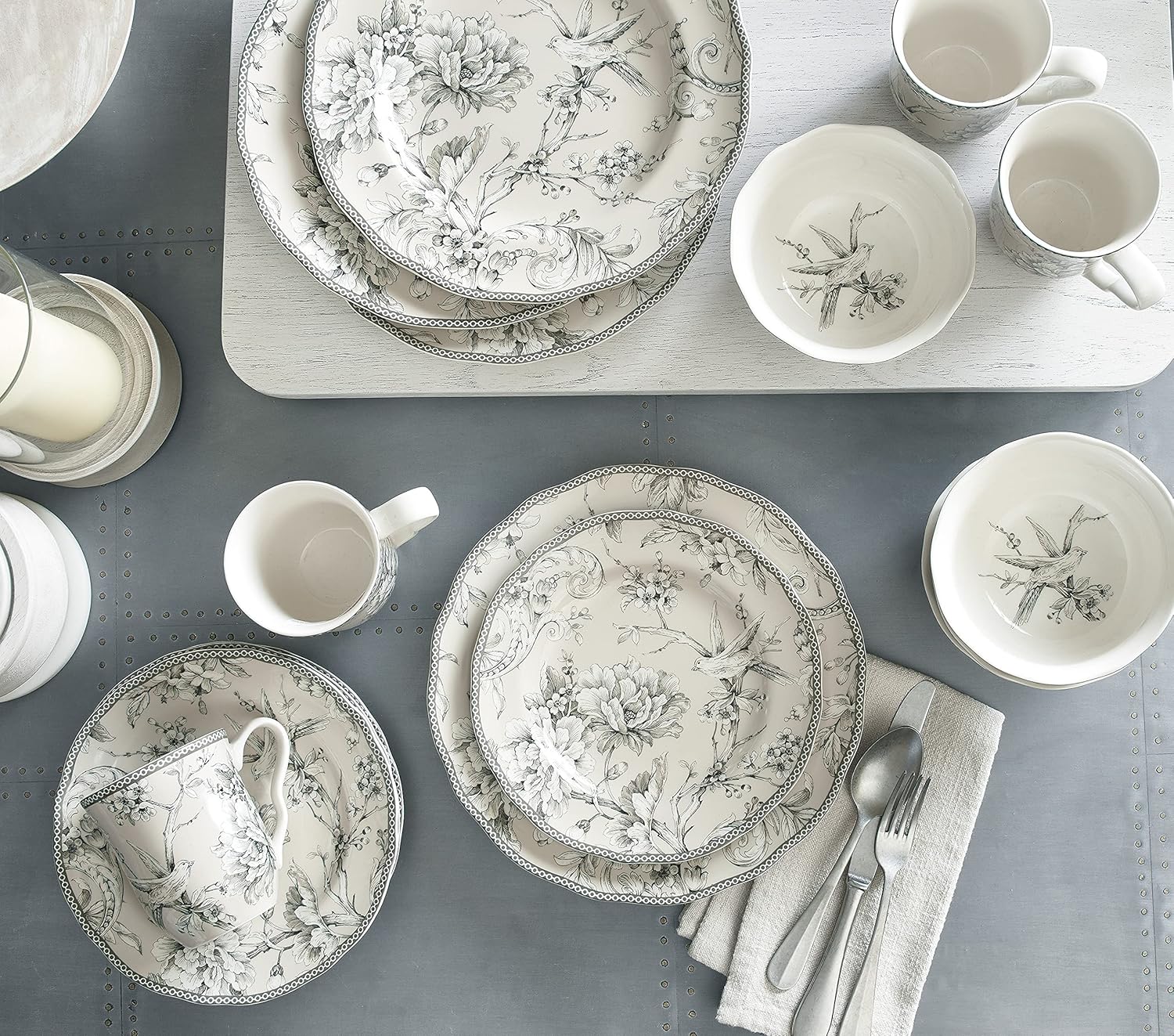 222 Fifth Adelaide 16-Piece Traditional Antique White Porcelain Dinnerware Set – Service for 4, Romantic Bird & Floral Design, for Everyday Dining & Entertainment, Microwave & Dishwasher Safe