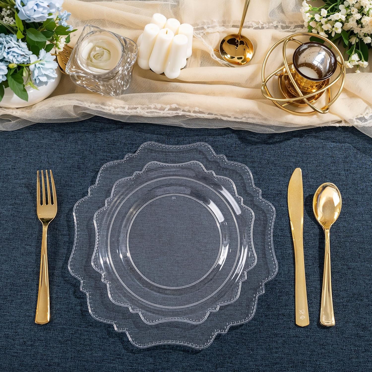 COLOSUS 100pcs Clear Plastic Plates - Heavy Duty Plastic Plates Disposable for Party/wedding Include 50pcs Dinner Plates and 50pcs Dessert Plates.